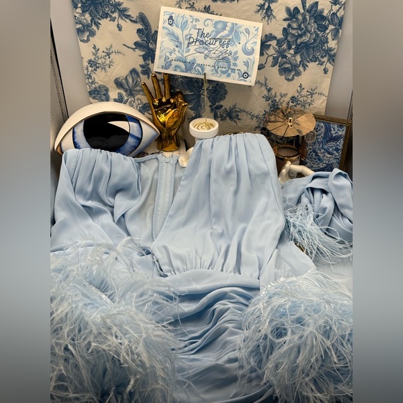 🆕 BRONX & BANCO 🧿 NWOT Geisha Feather-Trim Maxi Dress, Powder Blue - Sz M US 6 - Picture 13 of 16